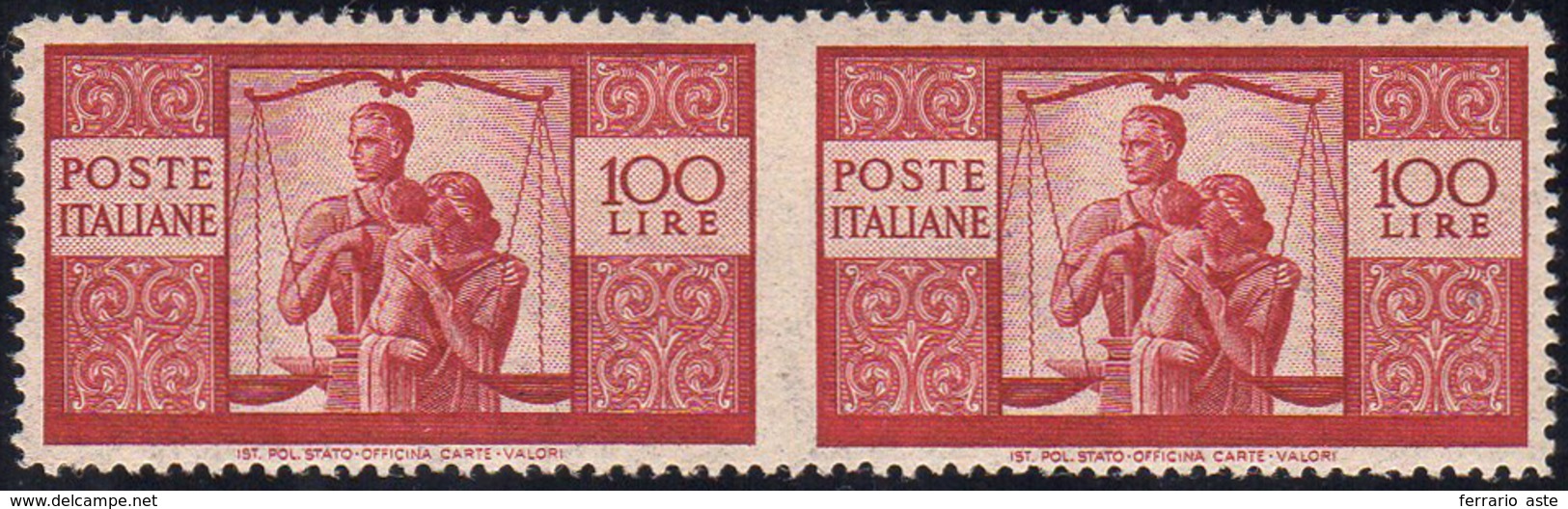 1946 - 100 Lire Carminio Scuro, Coppia Orizzontale Non Dentellata In Mezzo (565r), Nuova, Gomma Inte... - Autres & Non Classés