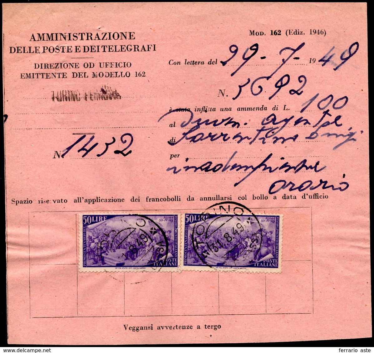 1948 - 50 Lire Risorgimento (590), Due Esemplari, Uno Con Angolo Difettoso, Su Modello Di Ammenda Al... - Autres & Non Classés