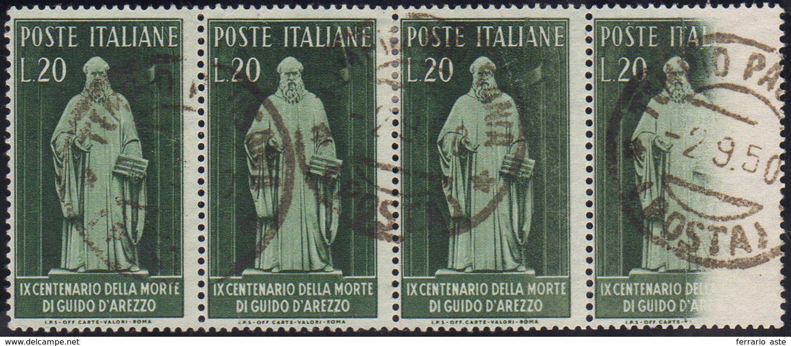 1950 - 20 Lire Guido D'Arezzo, Striscia Di Quattro, L'ultimo Esemplare Con Stampa Evanescente E Inco... - Autres & Non Classés