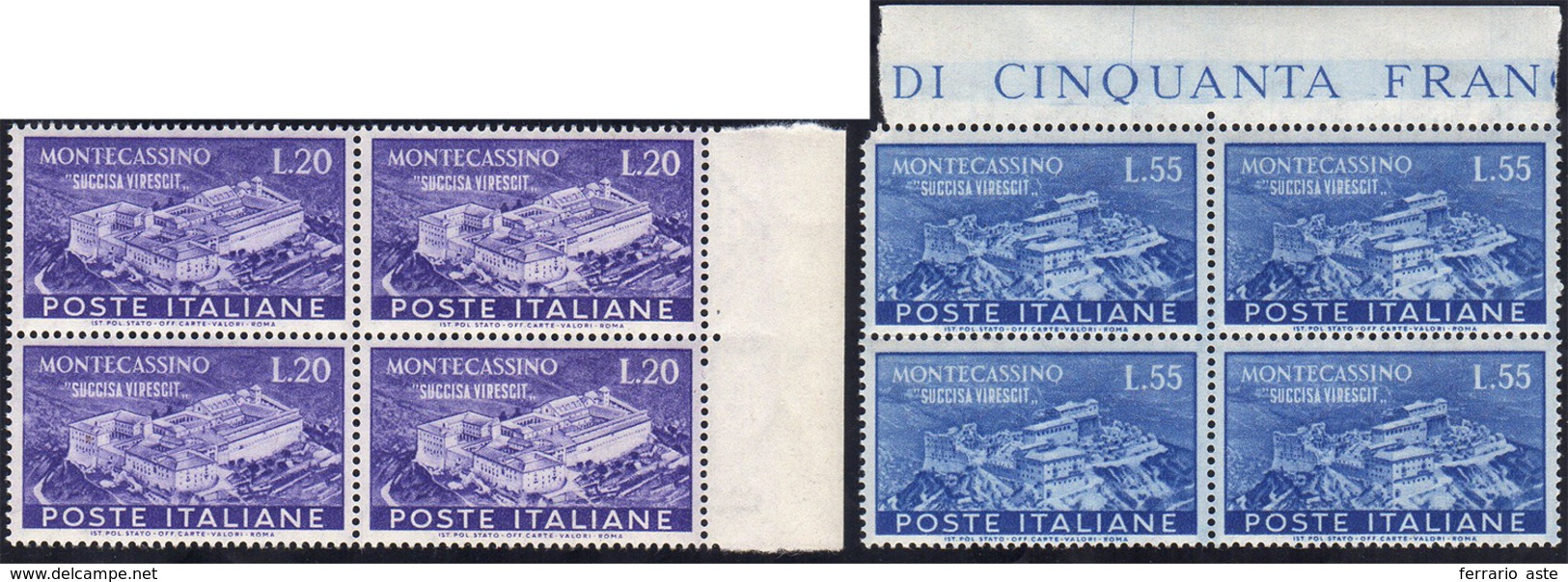 1951 - Montecassino (664/665), Ottima Centratura, Blocchi Di Quattro, Bordo Di Foglio, Gomma Integra... - Autres & Non Classés