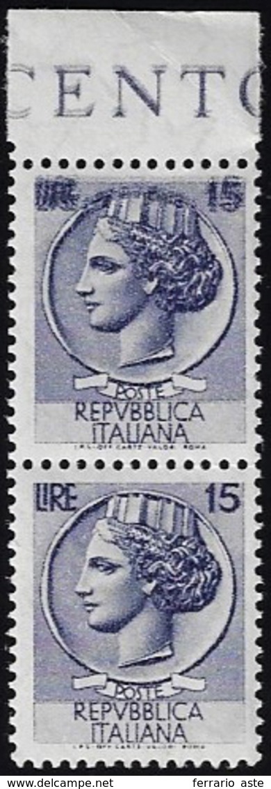 1965 - 15 Lire Siracusana, Doppia Stampa Parziale (767b), In Coppia Con Il Normale, Gomma Integra, P... - Autres & Non Classés