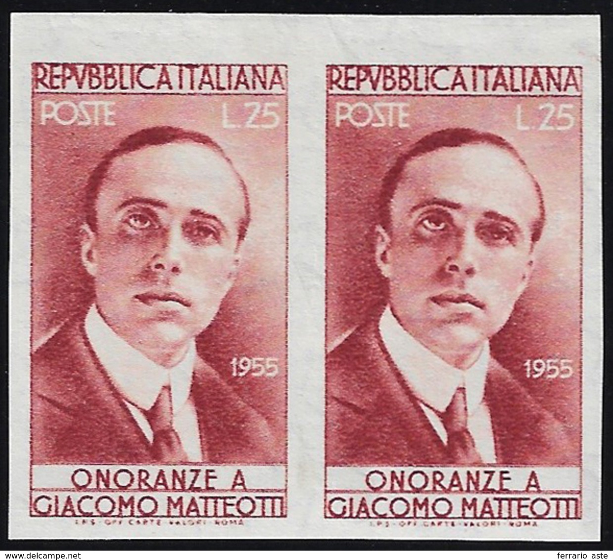 1955 - 25 Lire Matteotti, Non Dentellato (Sass.spec. 351Ea), Coppia, Gomma Integra, Perfetta. Raybau... - Autres & Non Classés