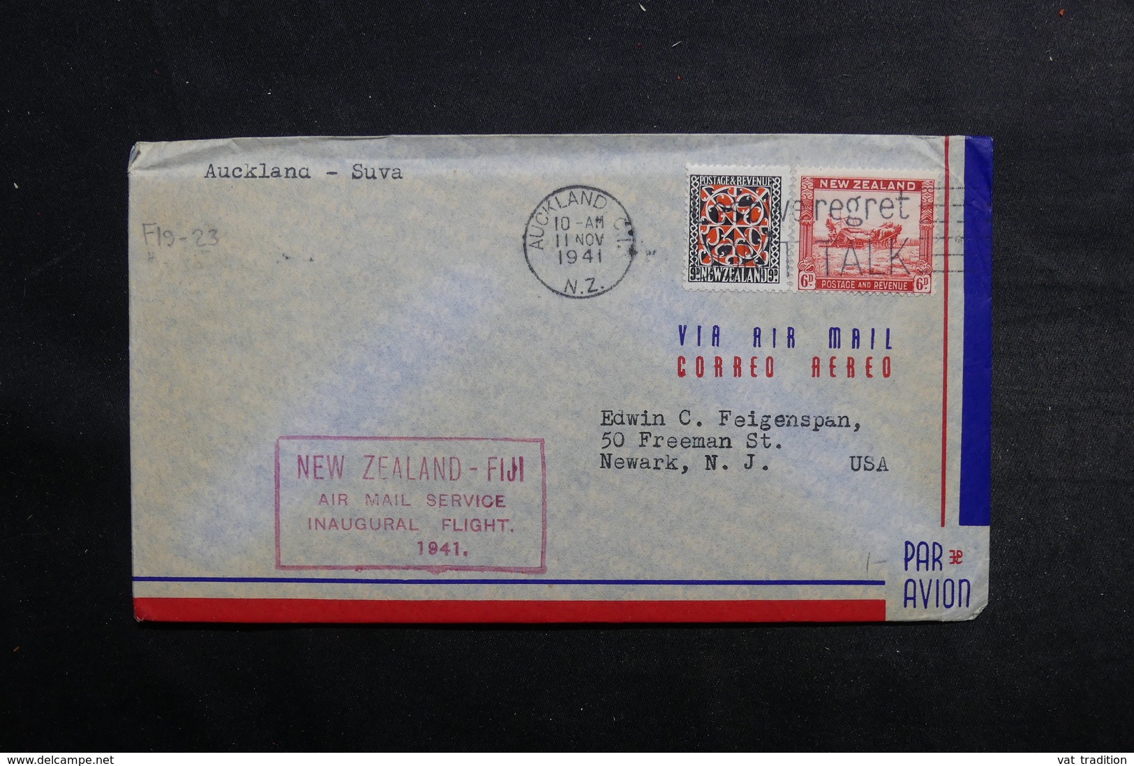 NOUVELLE ZELANDE - Enveloppe 1er Vol Nouvelles Zélande / Fidji En 1941 - L 33029 - Covers & Documents