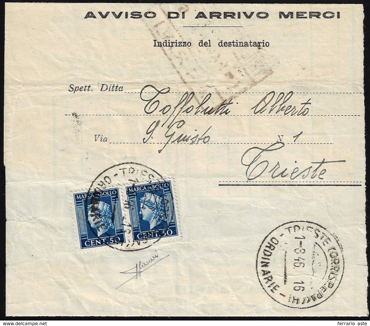 1946 - 50 Cent. Marca Da Bollo, Coppia, Perfetta, Su Avviso Di Arrivo Merci Da Trieste 1/8/1946 Per ... - Autres & Non Classés