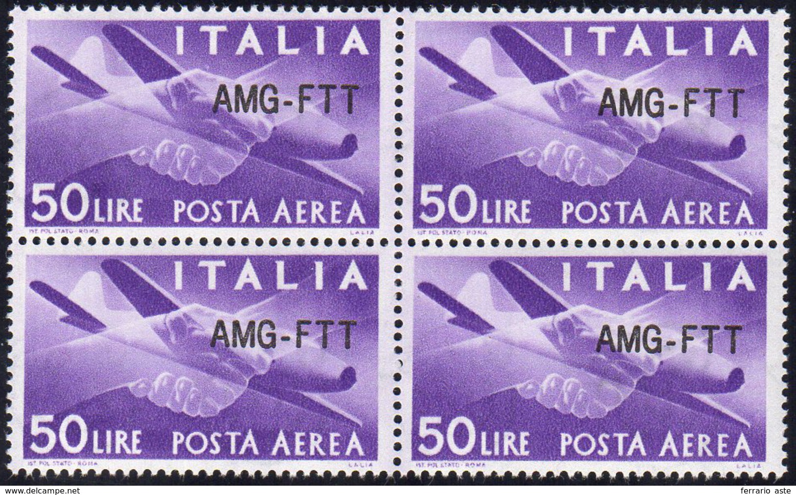 POSTA AEREA 1954 - 50 Lire, Nuovo Tipo Di Soprastampa (22A), Ottima Centratura, Blocco Di Quattro, G... - Autres & Non Classés