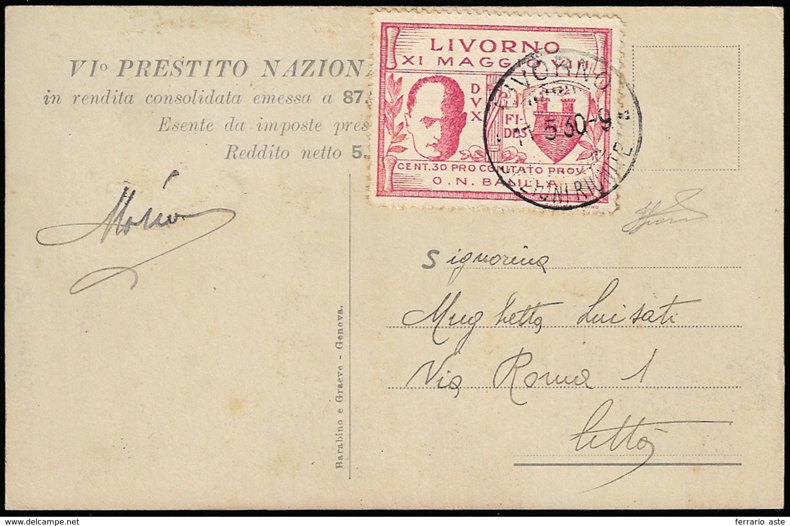 LIVORNO 1930 - 30 Cent. Mussolini Rosa (1), Perfetto, Su Cartolina Da Livorno 11/5/1930 Per Città. F... - Non Classés