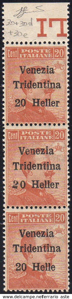 TRENTINO ALTO ADIGE 1918 - 20 Heller Su 20 Cent., Striscia Verticale Di Tre, Il Secondo Con Cifra "2... - Autres & Non Classés