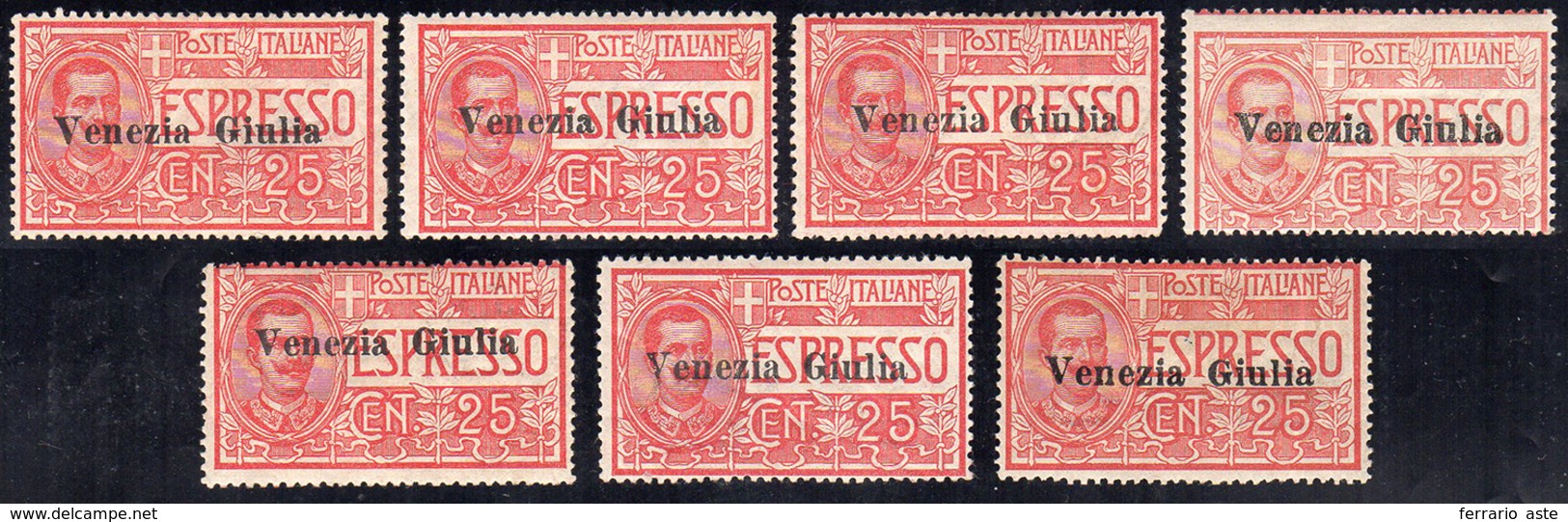 VENEZIA GIULIA ESPRESSI 1919 - 25 Cent. Rosso (1), 7 Esemplari, Gomma Originale, Perfetti.... - Autres & Non Classés