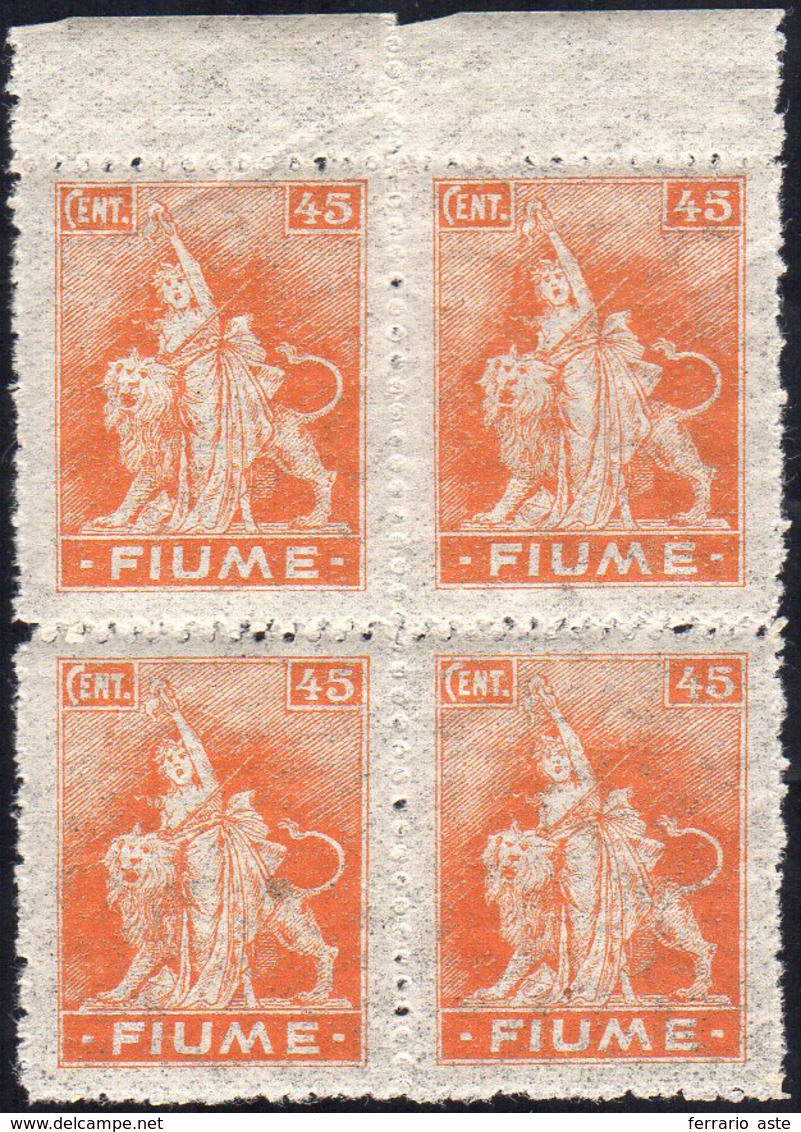 FIUME 1919 - 45 Cent. Allegorie, Carta B, Blocco Di Quattro Con Doppia Dentellatura Al Centro (B41lc... - Autres & Non Classés