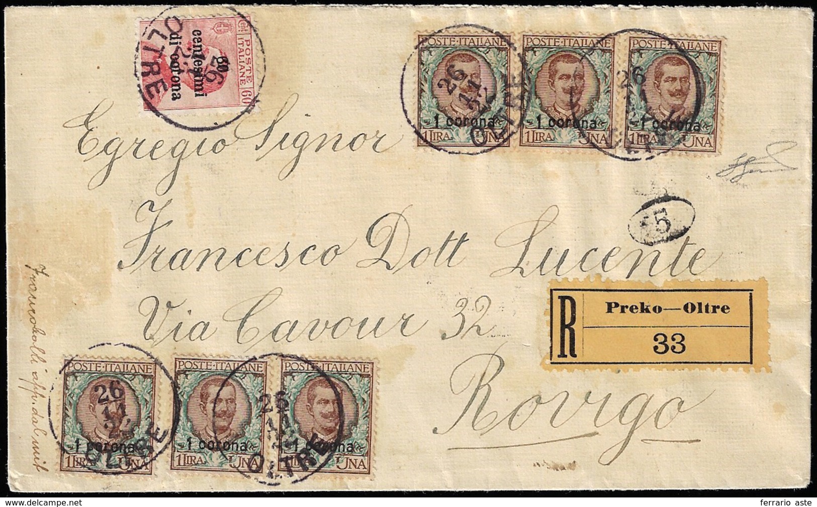 DALMAZIA 1922 - 1 Corona Su 1 Lira, Sei Esemplari, 60 Cent. (8, Trento E Trieste 10), Perfetti, Su B... - Autres & Non Classés