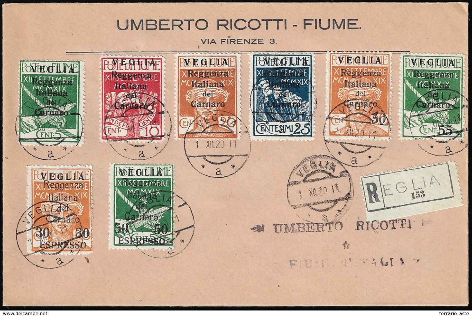 VEGLIA 1920 - Soprastampa Piccola (5/10+E), Perfetti, Su Busta Raccomandata Da Veglia 1/12/1920 A Fi... - Autres & Non Classés