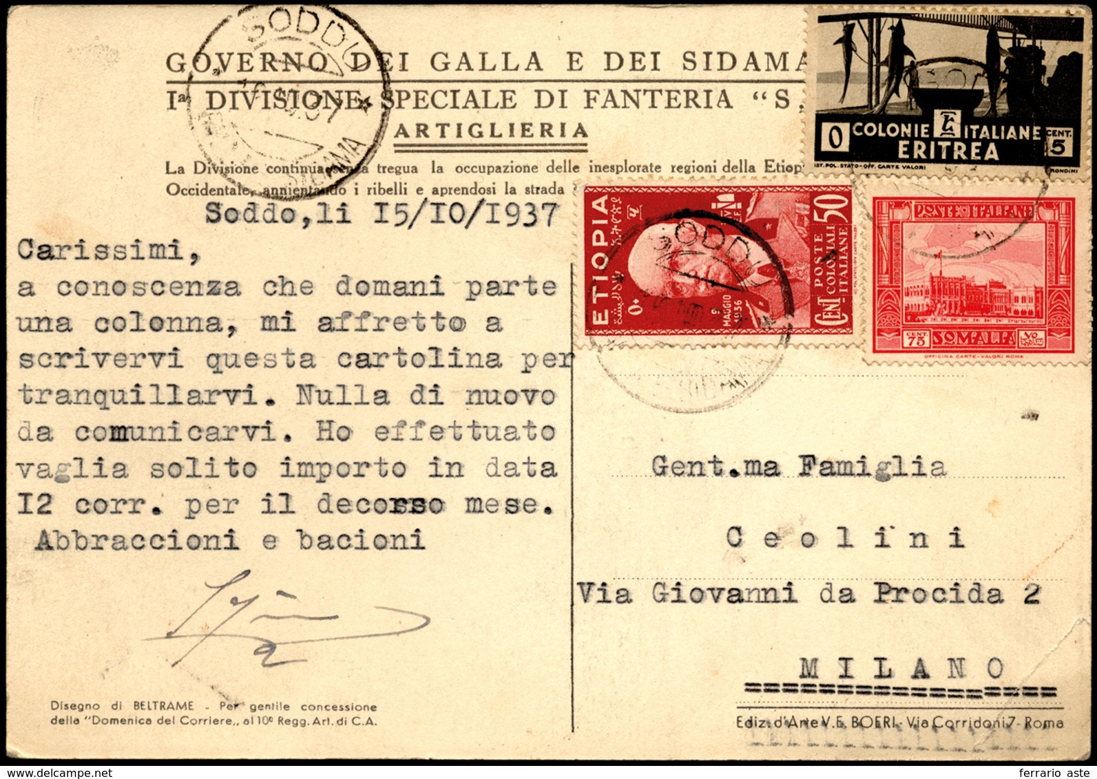 1937 - Cartolina Affrancata Da Soddu 16/10/1937 A Milano. Annullo Non Comune.... - Afrique Orientale Italienne