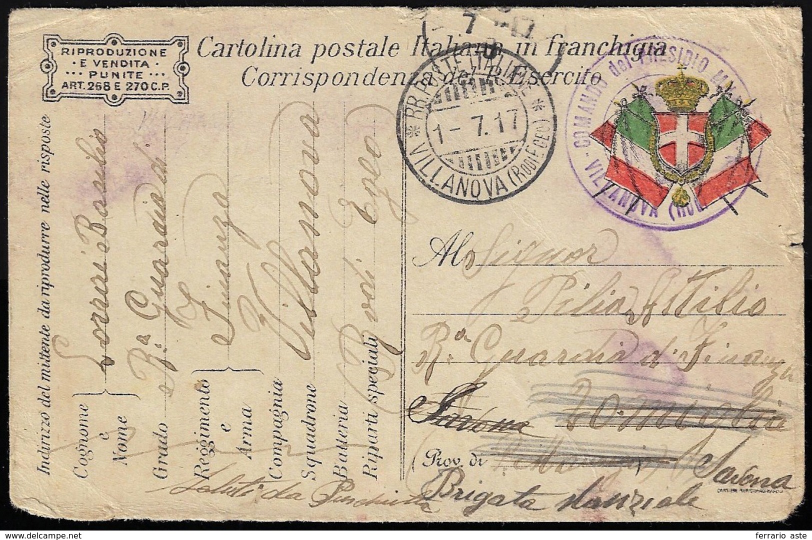 1917 - Cartolina Postale In Franchigia Per L'esercito, Buono Stato, Da Villanova 1/7/1917 A Ventimig... - Egée