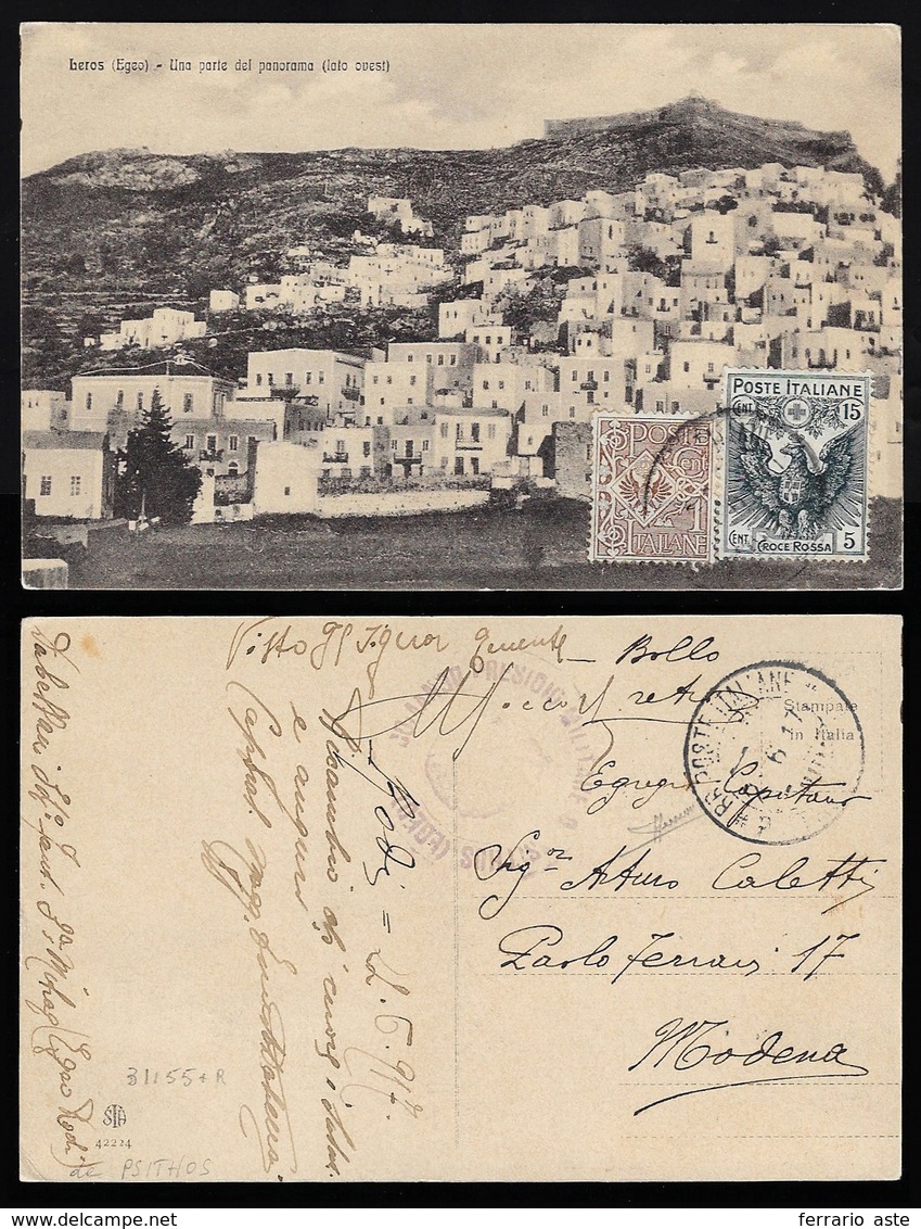 LEROS 1917 - 1 Cent. Floreale, 15 + 5 Cent. Croce Rossa (68,103), Perfetti, Al Verso Di Cartolina Il... - Egée