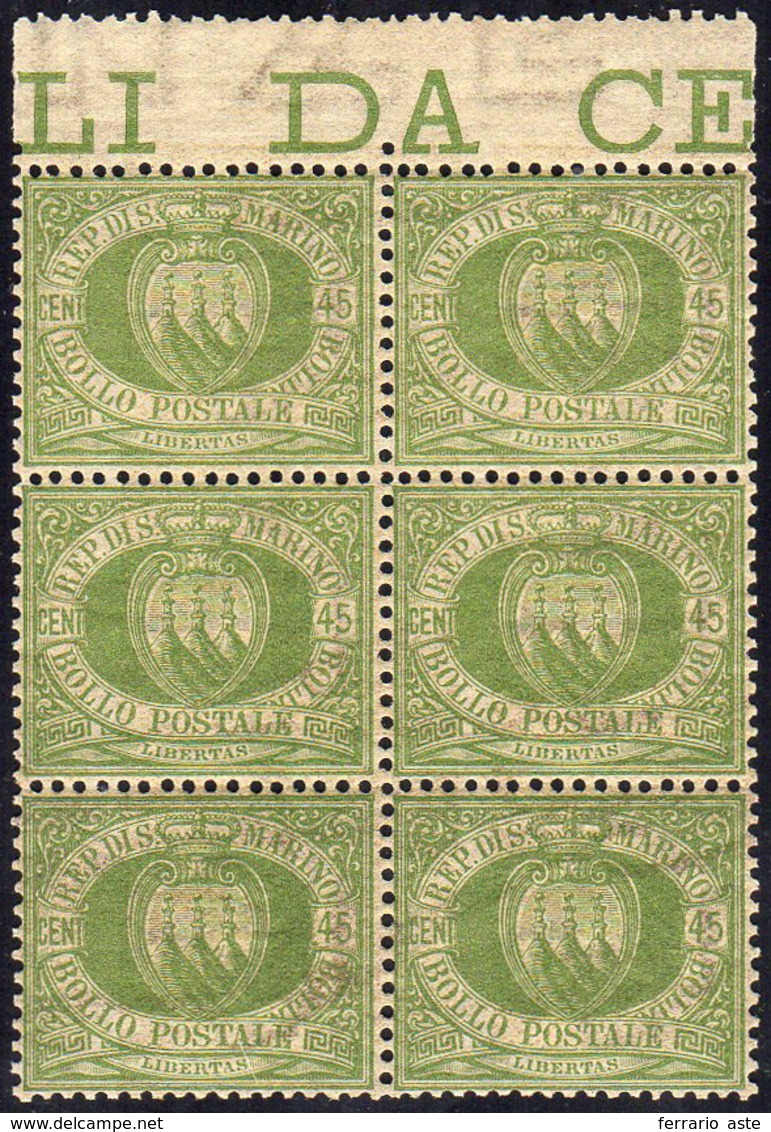 1892 - 45 Cent. Verde Oliva Stemma (18), Ottima Centratura, Blocco Di Sei, Bordo Di Foglio, Gomma Or... - Autres & Non Classés