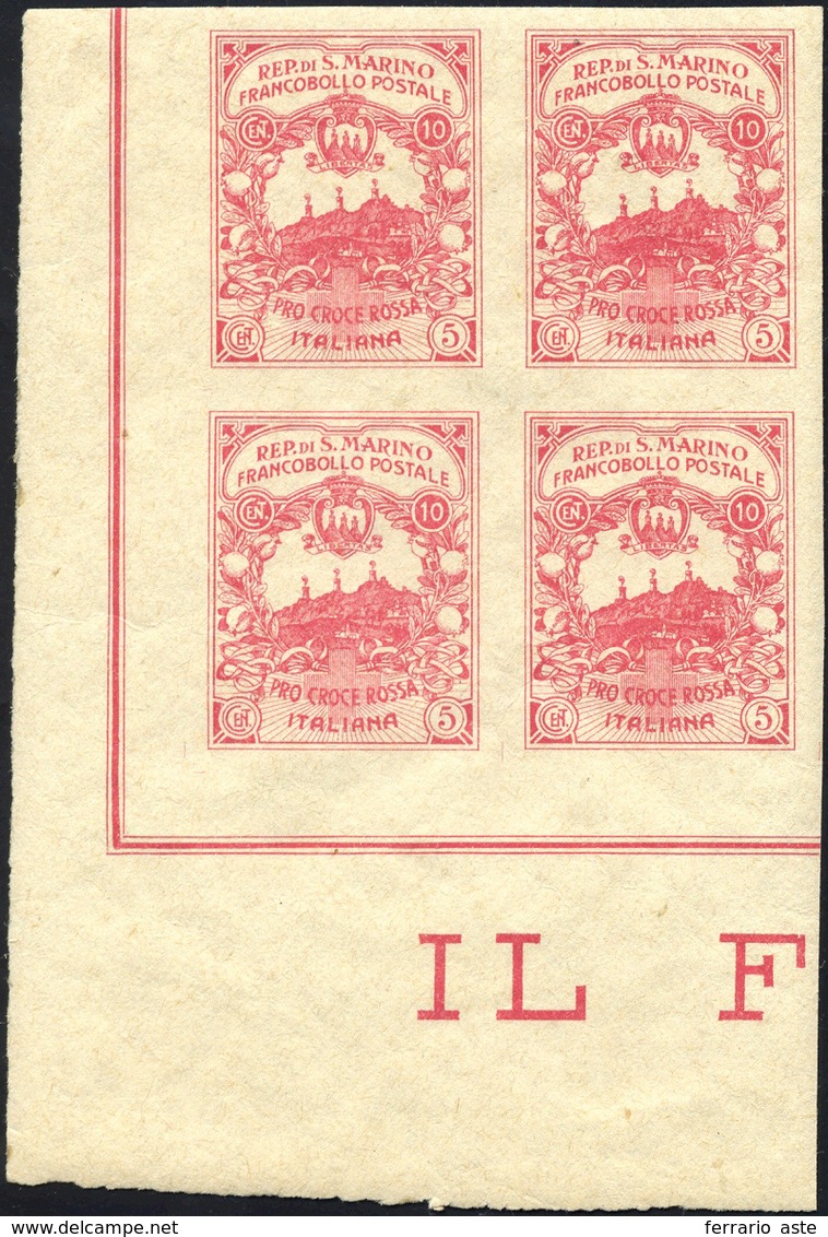 1916 - 10 + 5 Cent. Croce Rossa, Non Dentellato (CEI 50Aa, € 6.000), Blocco Di Quattro Angolo Di Fog... - Autres & Non Classés