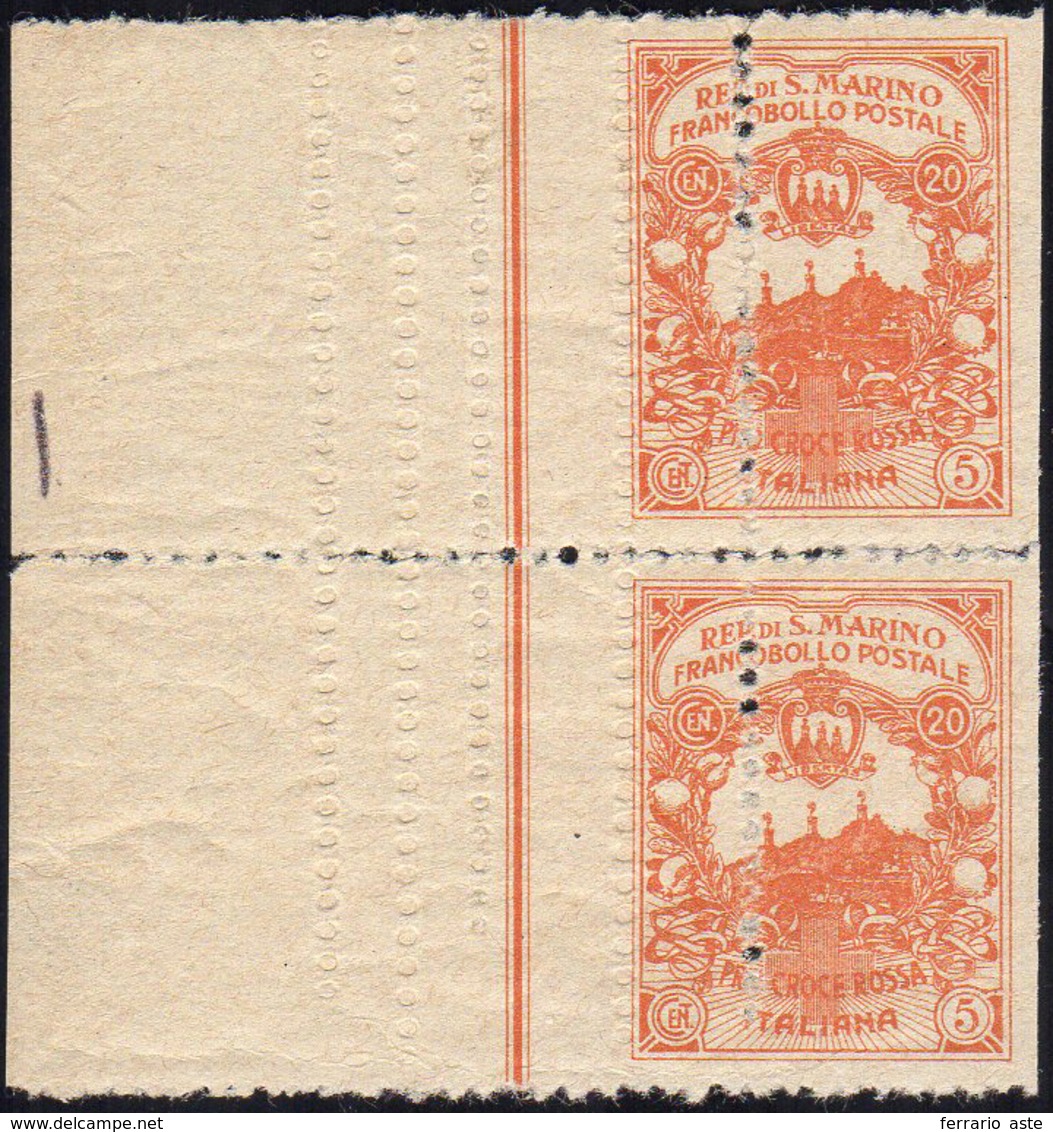 1916 - 20 + 5 Cent. Croce Rossa (CEI 50B), Coppia Verticale Non Dentellata A Destra E Con Dentellatu... - Autres & Non Classés