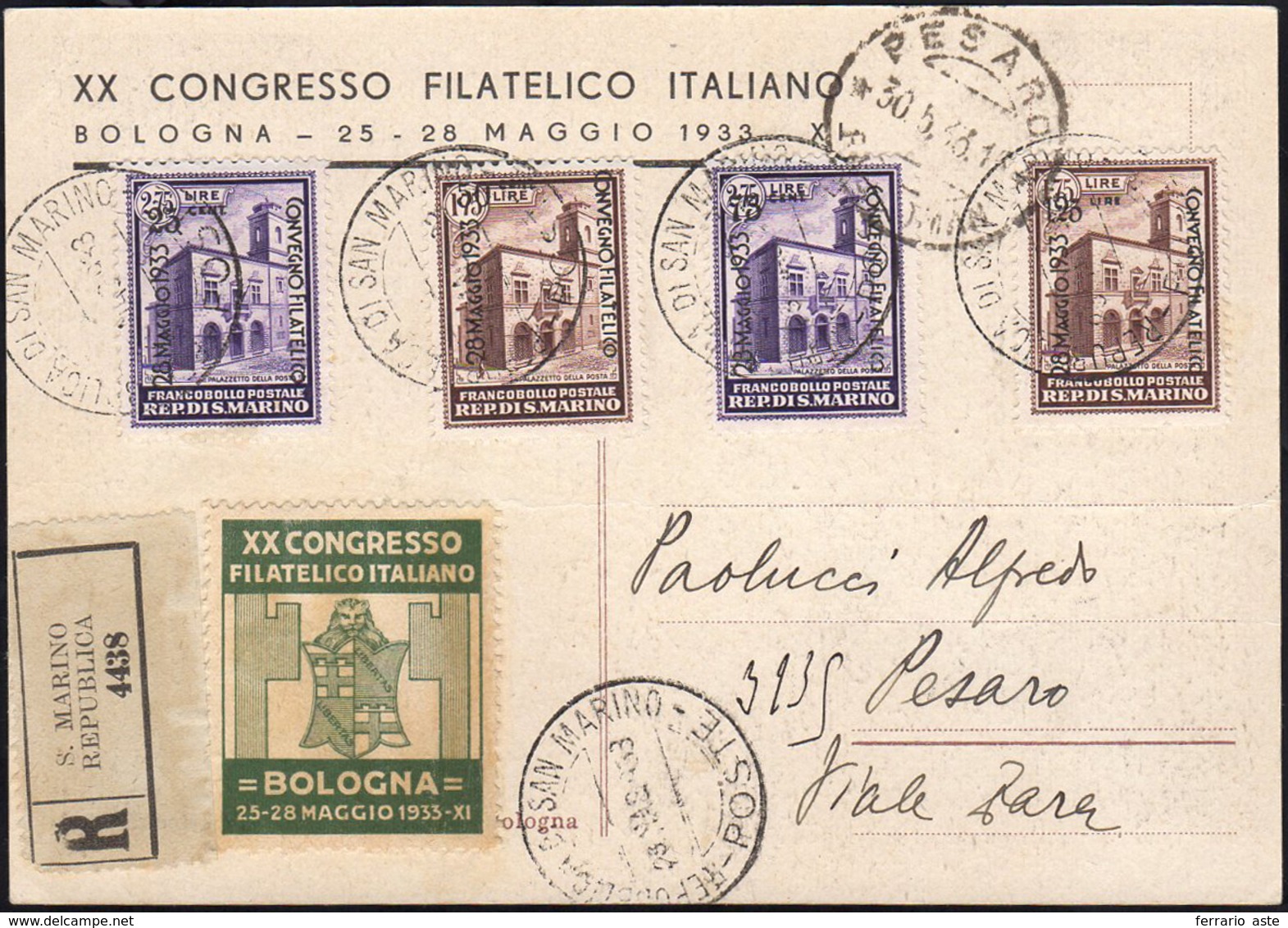 1933 - Convegno Filatelico (176/179), Perfetti, Su Cartolina Raccomandata Del 28/5/1933 A Pesaro.... - Autres & Non Classés