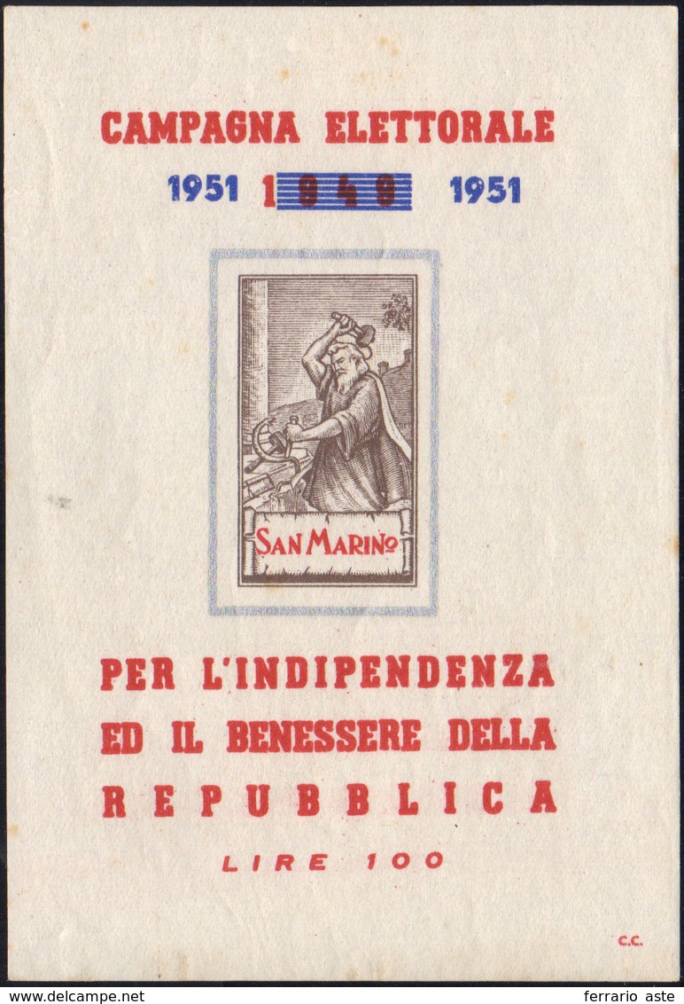 1951 - Vignetta A Sostegno Della Campagna Elettorale Del 1951 In Foglietto Da 100 Lire, Gomma Origin... - Blocchi & Foglietti