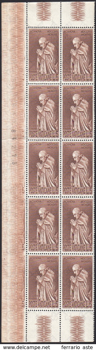 1958 - 5 Lire Canova (243), Blocco Verticale Di 10 Esemplari Con Stampa Della Cifra "5" Ripetuta Sul... - Autres & Non Classés