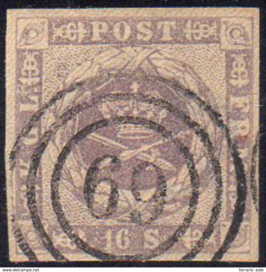 DANIMARCA 1857 - 16 Sk. Grigio Violetto, Stemma (6), Usato, Perfetto. E.Diena.... - Autres - Europe