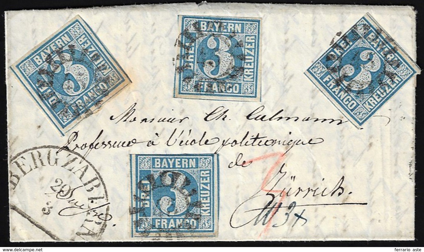 GERMANIA BAVIERA 1860 - 3 K. Azzurro (2), Quattro Esemplari, Lievi Difetti Di Marginatura, Su Letter... - Autres - Europe