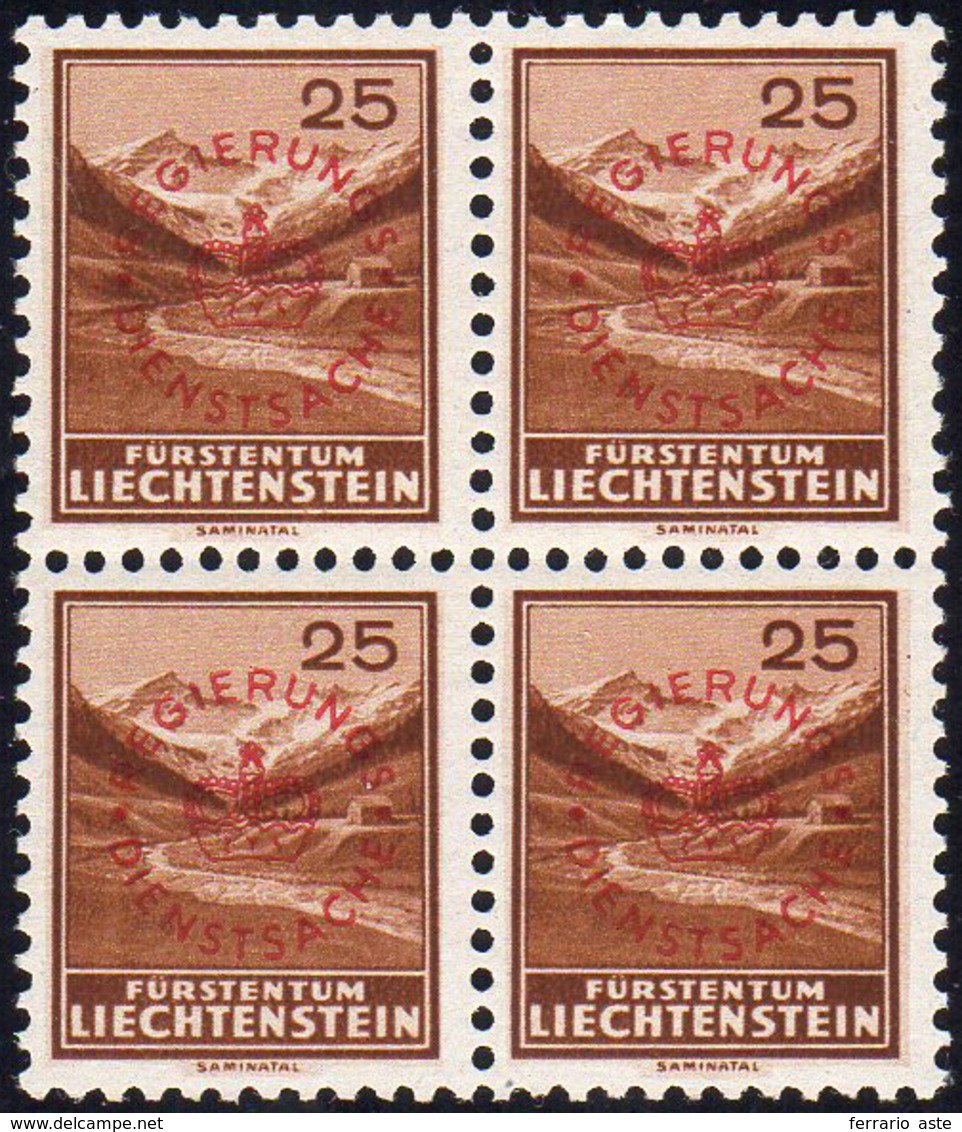 LIECHTENSTEIN SERVIZIO 1935 - 25 R. Soprastampa Rossa, Blocco Di Quattro (16a), Gomma Originale Inte... - Autres - Europe