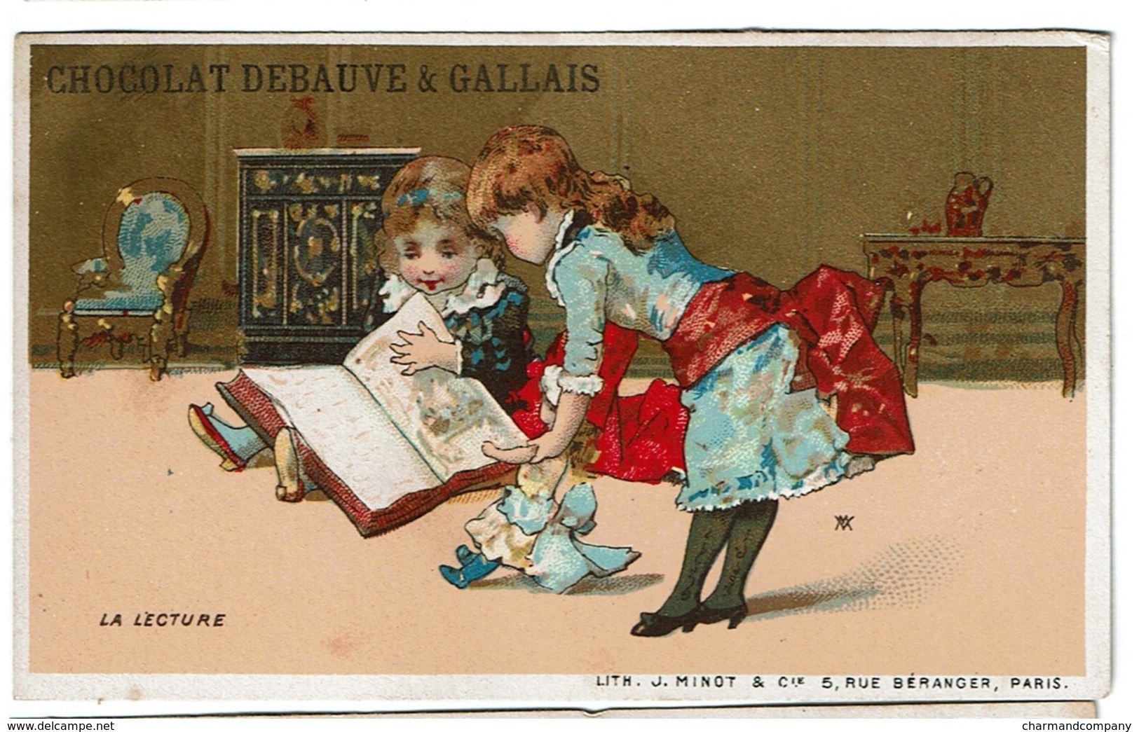 Carte Réclame / Chromo Chocolat Debauve Et Gallais - La Lecture - Lith. J. Minot & Cie. Fond Or - Doré - 2 Scans - Autres & Non Classés