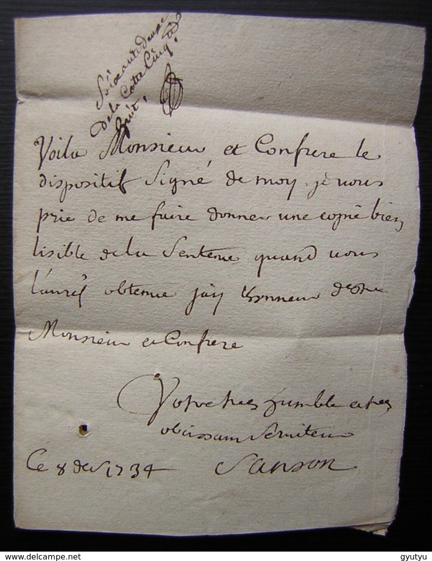 1734 Lettre De Sanson à Monsieur Crunget Procureur Au Parlement, Rue Des Blancs Manteaux - Manuscrits