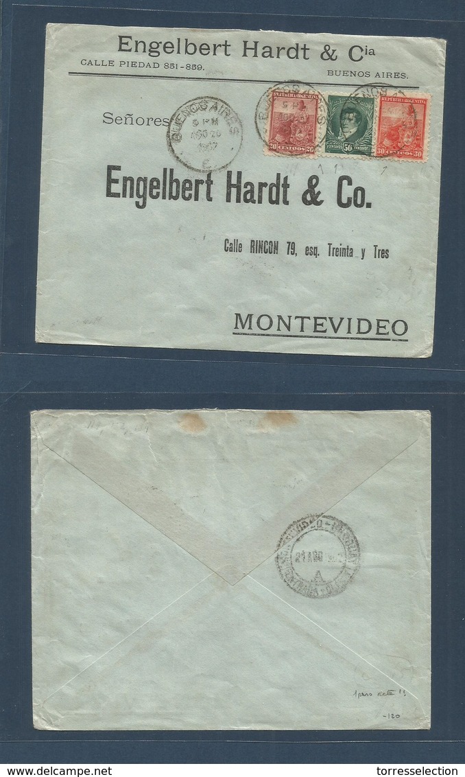 Argentina - XX. 1902 (20 Aug) Buenos Aires - Uruguay, Montevideo. Multifkd Mixed Issues Envelope Bearing 1 Peso Rate By - Autres & Non Classés