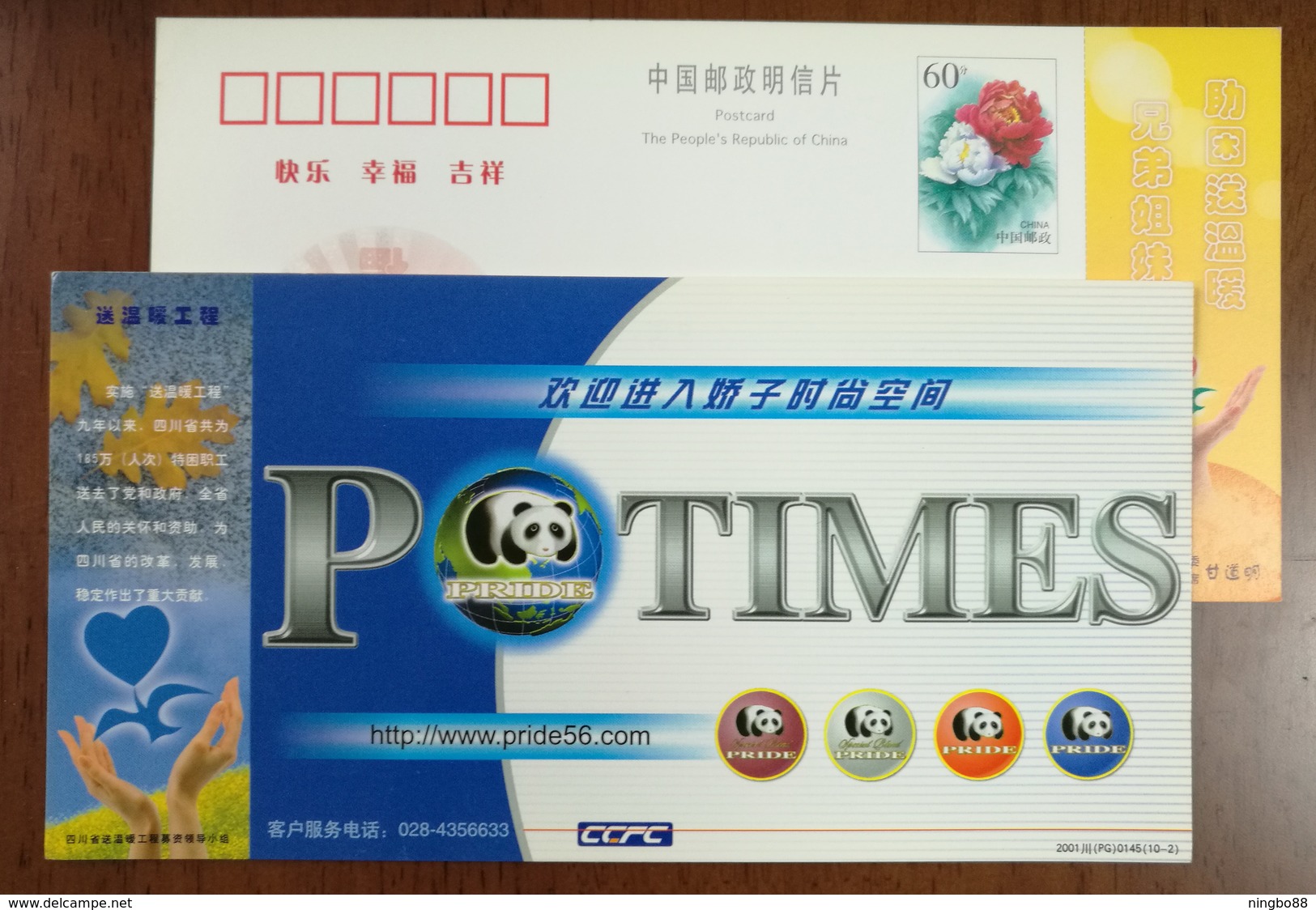 Giant Panda Pride Trademark,China 2001 Sichuan Province Donation For Warmth Project Advertising Pre-stamped Card - Other & Unclassified