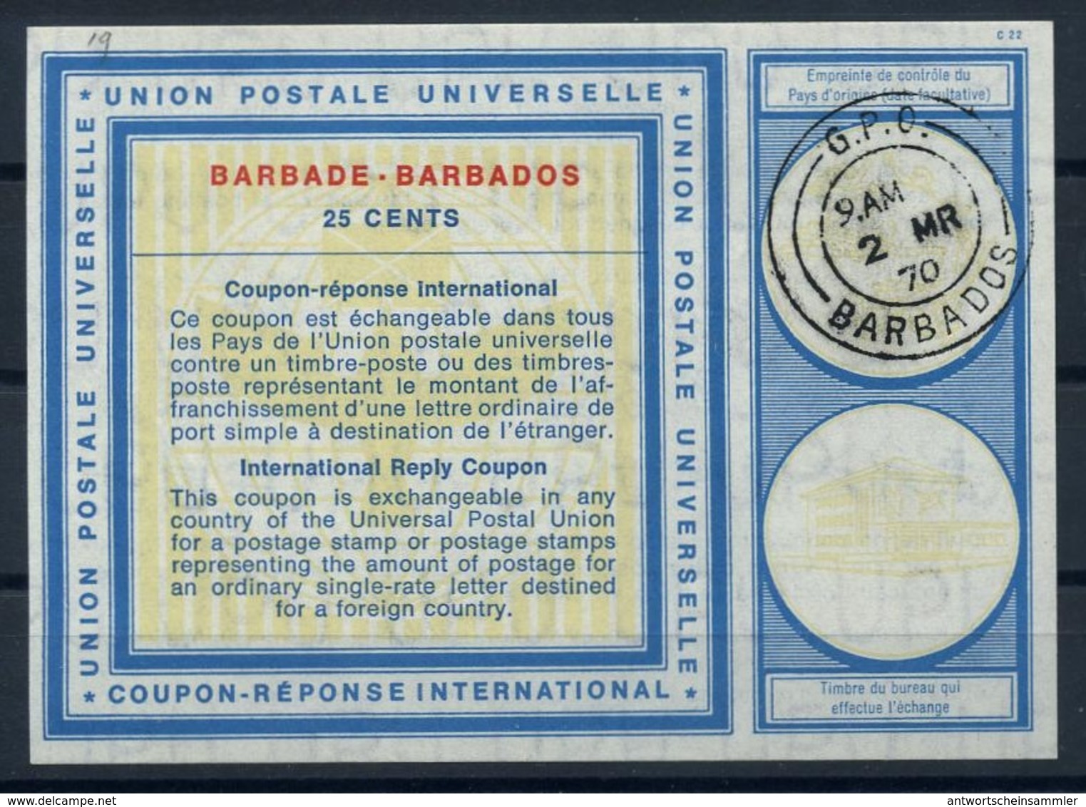 BARBADOS  Vi19  25 CENTS  International Reply Coupon Reponse Antwortschein IAS IRC O G.P.O. BARBADOS 2.3.70 - Barbades (1966-...)