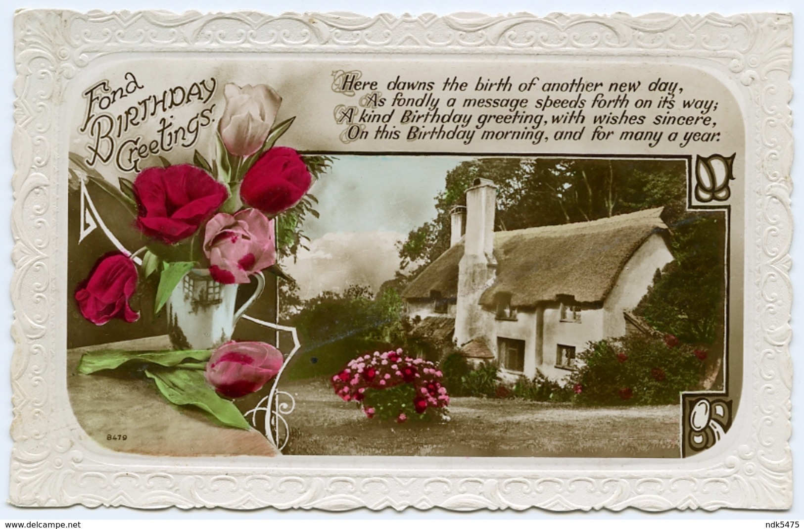 FOND BIRTHDAY GREETINGS / ENGLISH THATCHED COTTAGE & VASE OF FLOWERS (EMBOSSED) - Birthday