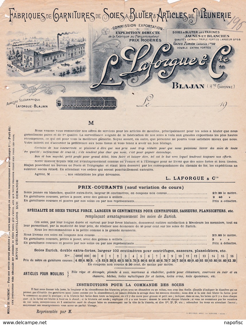 31-L.Laforgue & Cie..Fabriques De Garnitures De Soies à Bluter & Articles De Meunerie..Blajan....(Haute-Garonne) - Old Professions