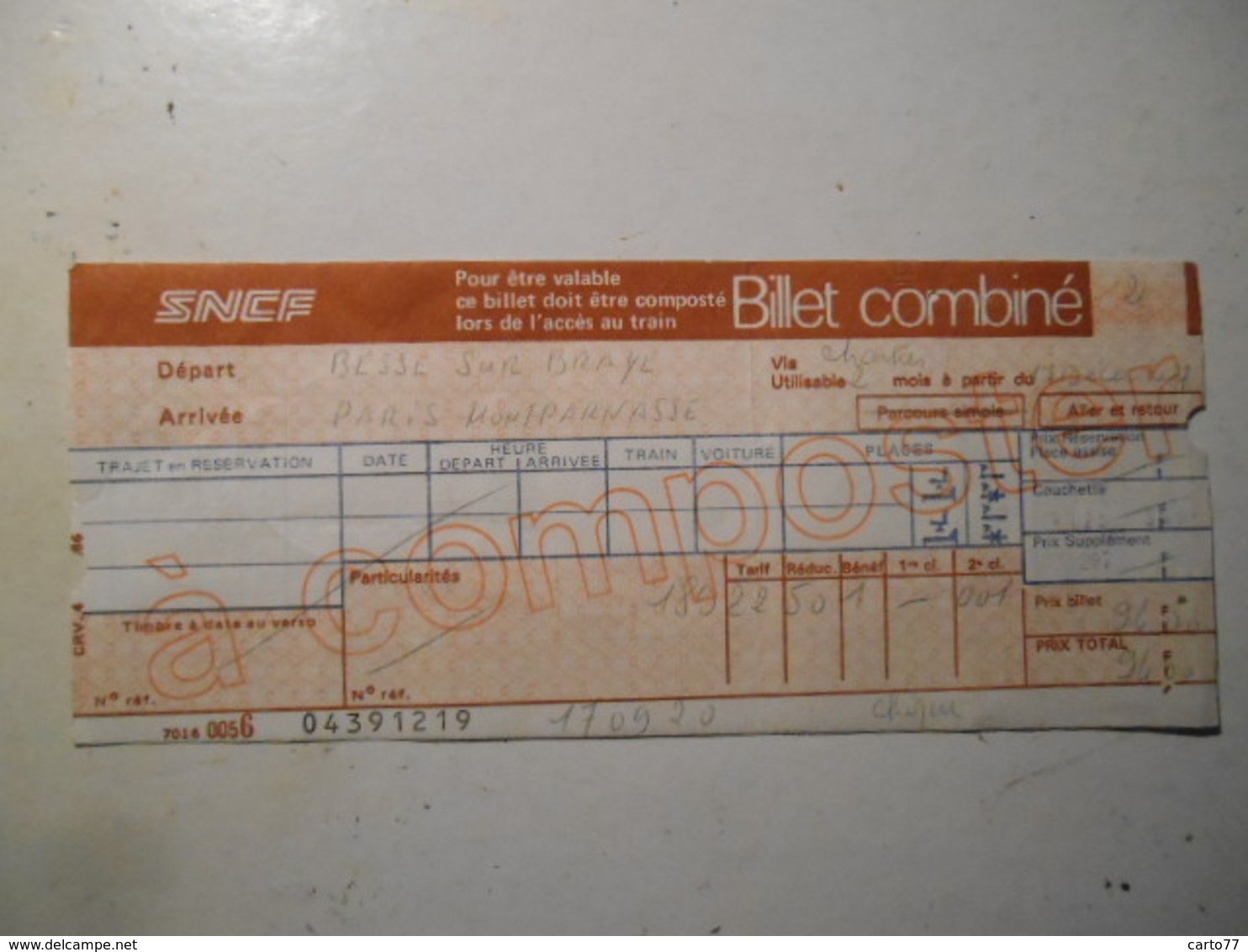 Billet SNCF Besse Sur Braye Sarthe (plus De Gare A Ce Jour) Montparnasse - Europe