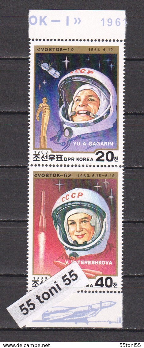 1988, SPACE, COSMONAUTS GAGARIN And TERESHKOVA, 2v.- MNH   North Korea - Asia