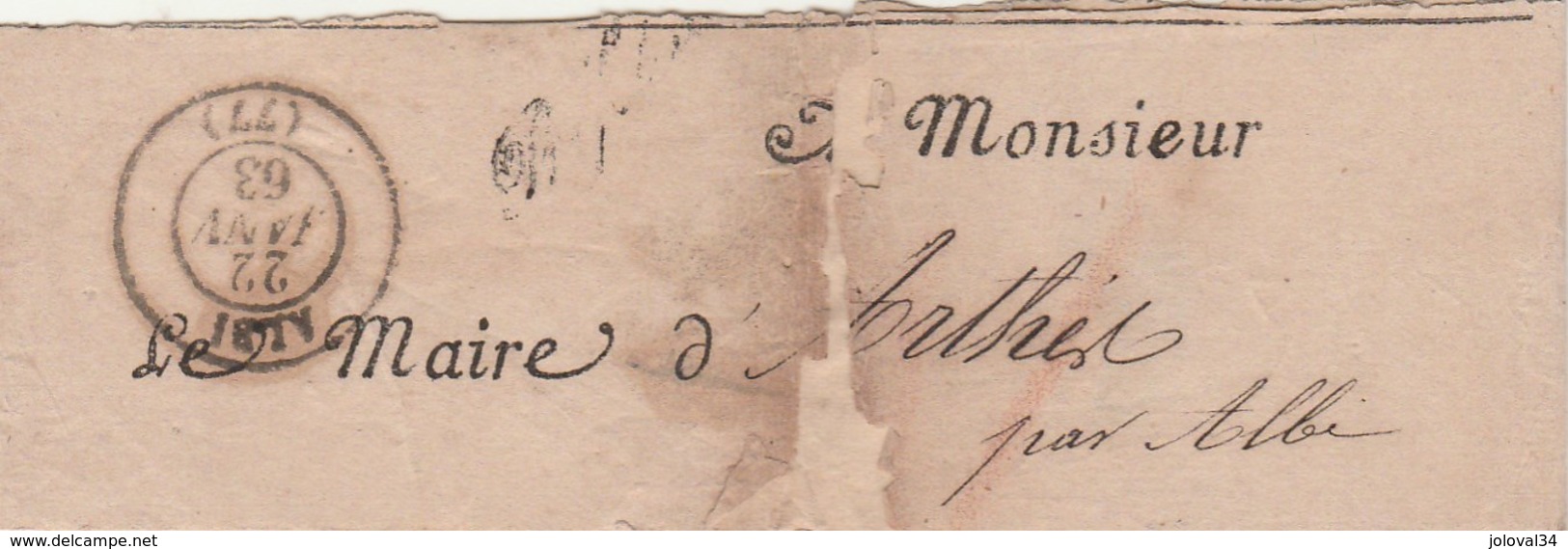 Cachet ALBI 22/1/1863 Sur Bande Documents Préfet Du Tarn Concernant L'Octroi  à Maire D' ARTHEZ - 1849-1876: Klassieke Periode