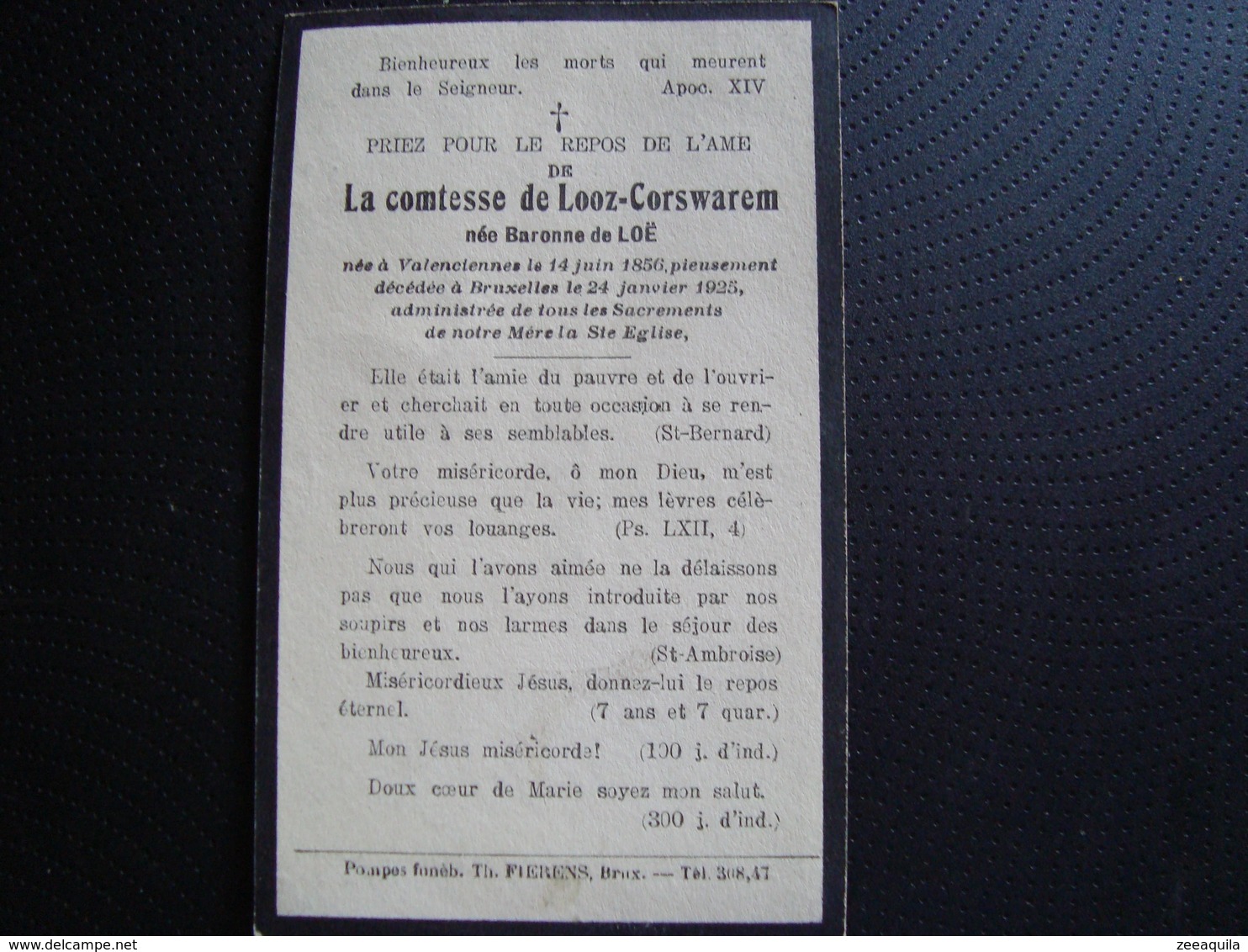 La Comtesse De Looz Corswarem Née Baronne De Loë (noble Adel) Décédée à Bruxelles En 1925 - Overlijden