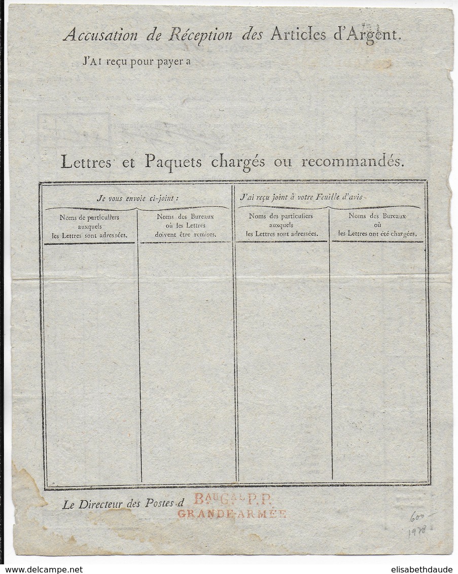 1813 - FEUILLE D'AVIS RARE Du Bau Gal P.P GRANDE ARMEE (ALLEMAGNE) à HALBERSTADT - ENVOIS à HANOVRE - Marques D'armée (avant 1900)