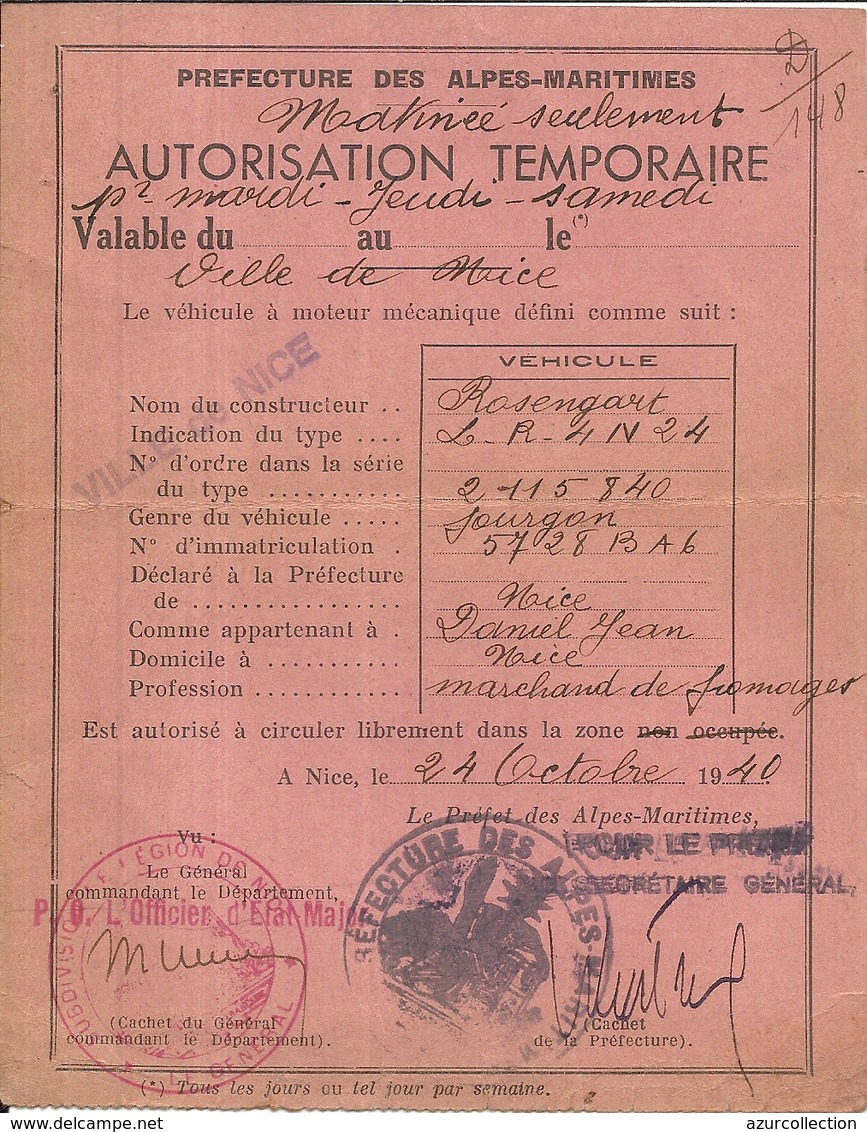 NICE . GUERRE 1940 .AUTORISATION DE CIRCULER .VOITURE ROSENGART. FROMAGER - Documents Historiques