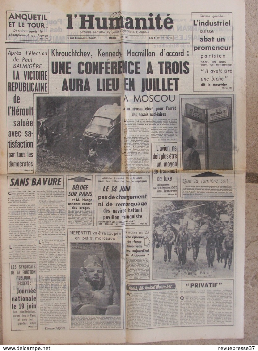 Journal L'Humanité (11 Juin 1963) Conférence à Trois - Sheila - Paul Balmigere - Anquetil - J Longpré - Desde 1950