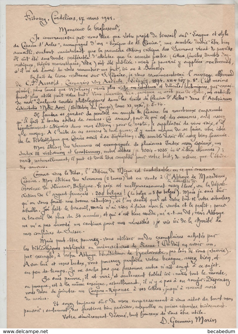 Lettre Fribourg Couvent Des Cordeliers 1941 Germain Morin OSB Tissot Professeur Lycée Annecy Césaire D'Arles - Non Classés