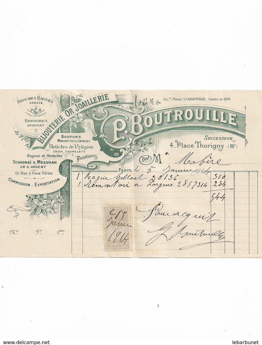 Facture Ancienne 1914  P.Boutrouille Bijouterie Or Joaillerie - Autres & Non Classés