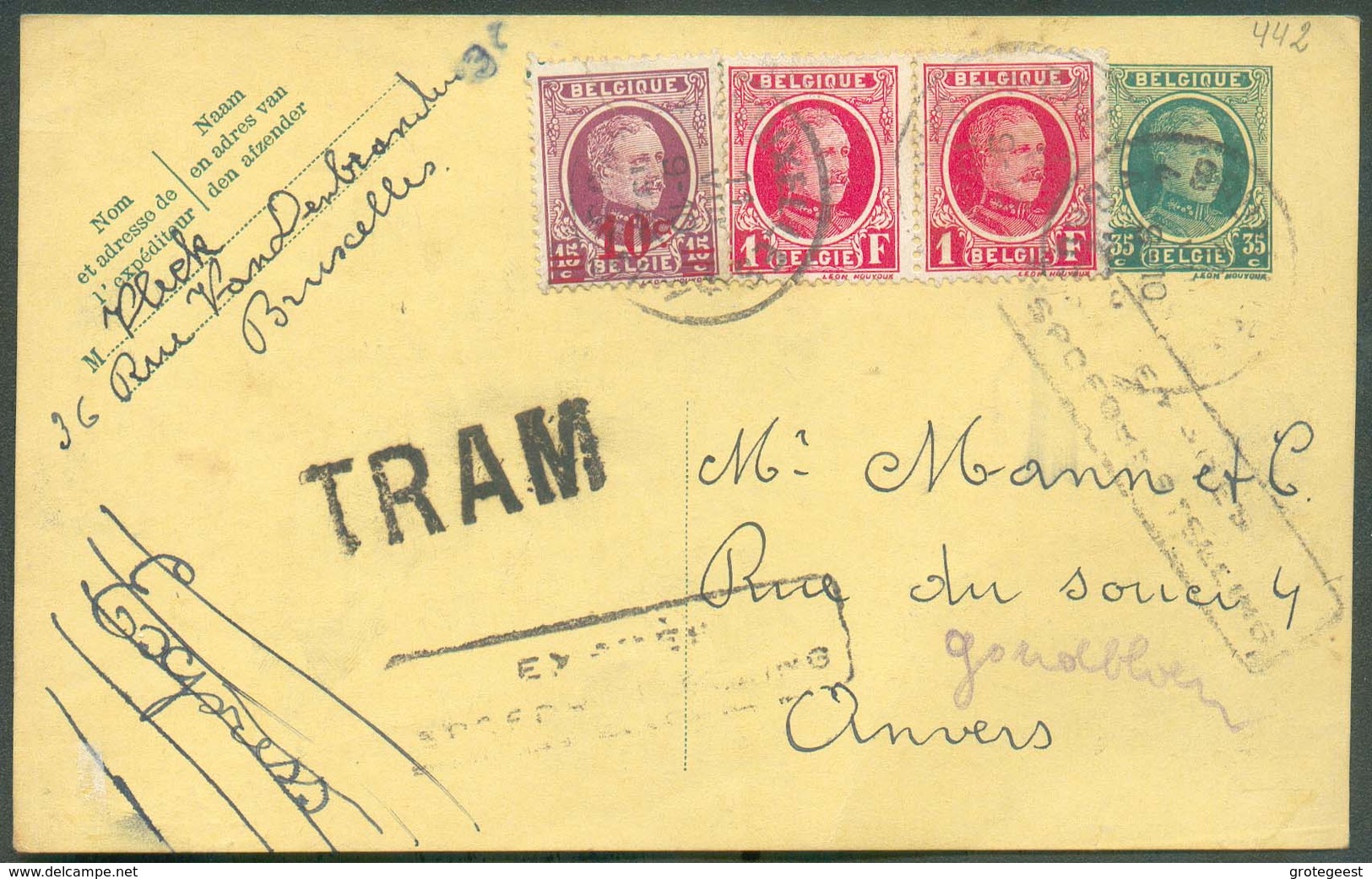 E.P. Carte HOUYOUX 35 Centimes + Houyoux 10 Centimes + 2x 1Franc En Expres (griffe Bilingue) Et TRAM (TRAM : 31mm Sur 10 - Cartes Postales 1909-1934