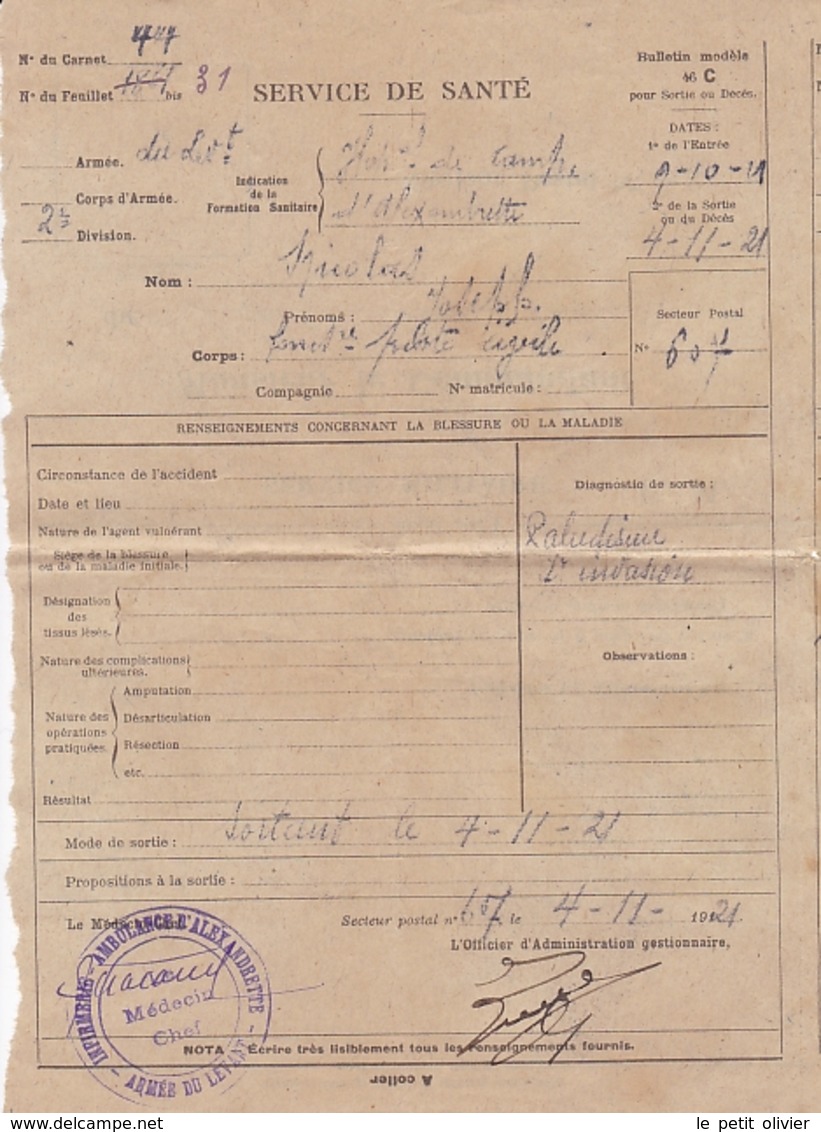 BULLETIN DU SERVICE DE SANTE DE L INFIRMERIE - AMBULANCE DE ALEXANDRETTE PROTECTORAT FRANCAIS EN TURQUIE EN DATE / 1921 - Documents