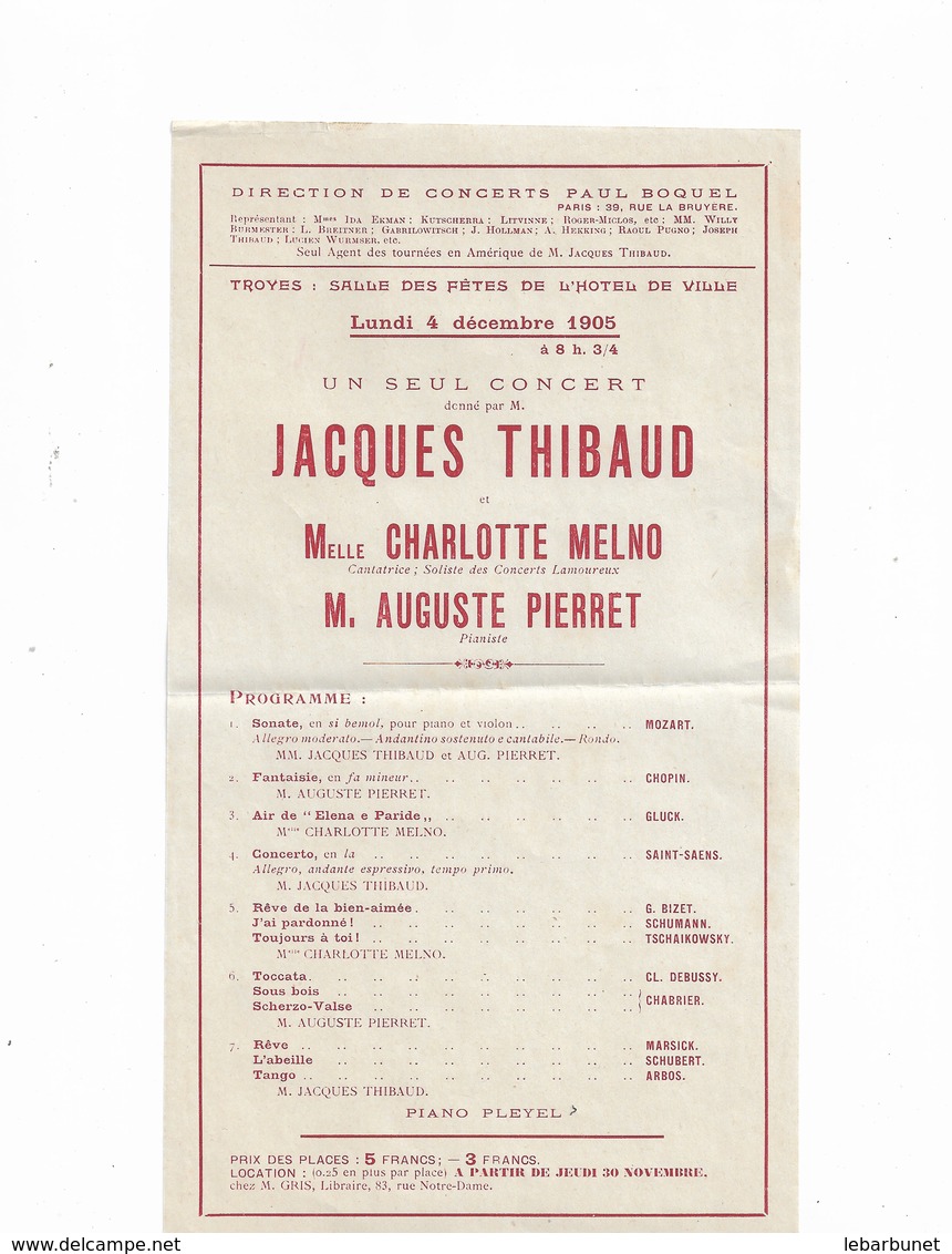 Programme Concert Paul Boquel à Troyes Du Lundi 4 Décembre 1905 - Programmes