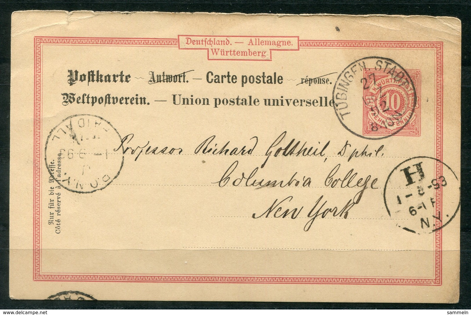 4734 - WÜRTTEMBERG - Ganzsache P 29 II A Aus Tübingen Nach New York - Ank.-Stempel Und "Paid All" Stempel - Sonstige & Ohne Zuordnung