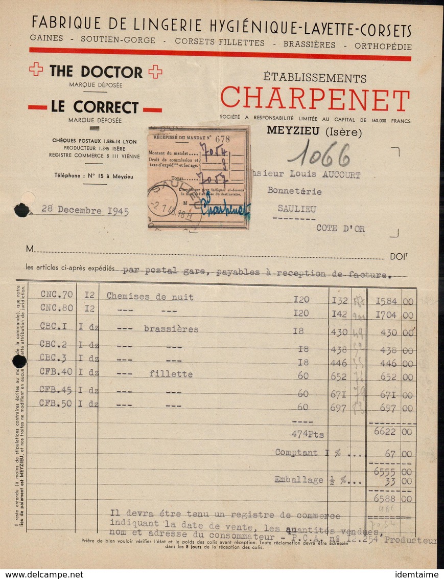 FACTURE ETS CHARPENET - FABRIQUE DE LINGERIE - MEYZIEUX - ISERE - AUCOURT - SAULIEU - 28 DECEMBRE 1945 - 1900 – 1949