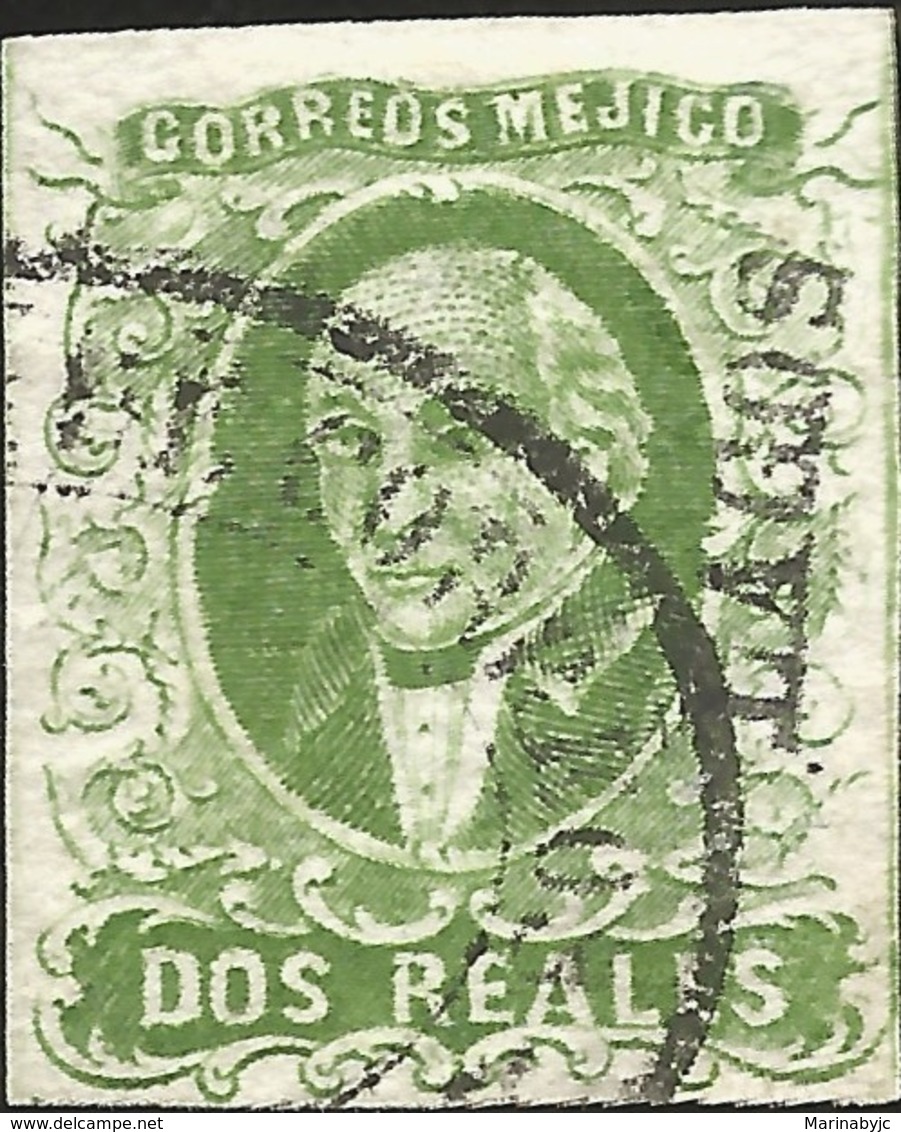 J) 1856 MEXICO, HIDALGO, 2 REALES GREEN, LAGOS DISTRICT, PLATE II, OVAL CANCELLATION, MN - Mexico