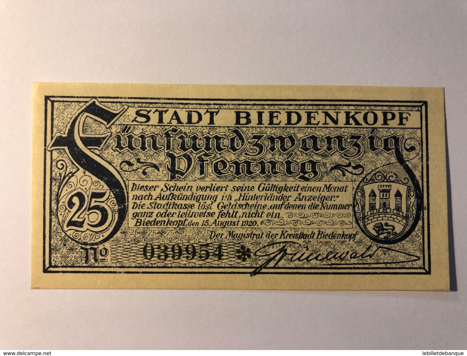 Allemagne Notgeld Biendenkopf 25 Pfennig - Collections